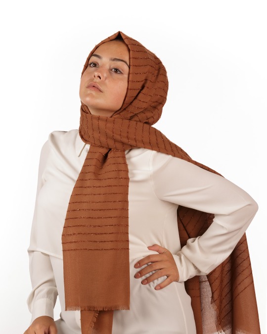 Açık Kahve Simli Çizgili Şal
